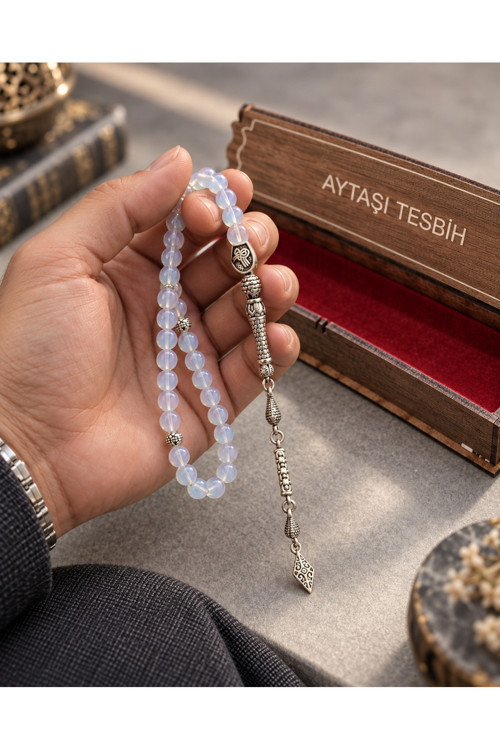 4029 Doğal Ay Taşı 33’Lü Tesbih – Özel Ahşap Kutulu, Metal Püsküllü