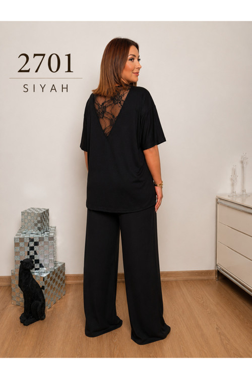 2701 -1 Kadın Siyah Sırtı Dantel Detaylı V Yaka Oversize Modal Bluz