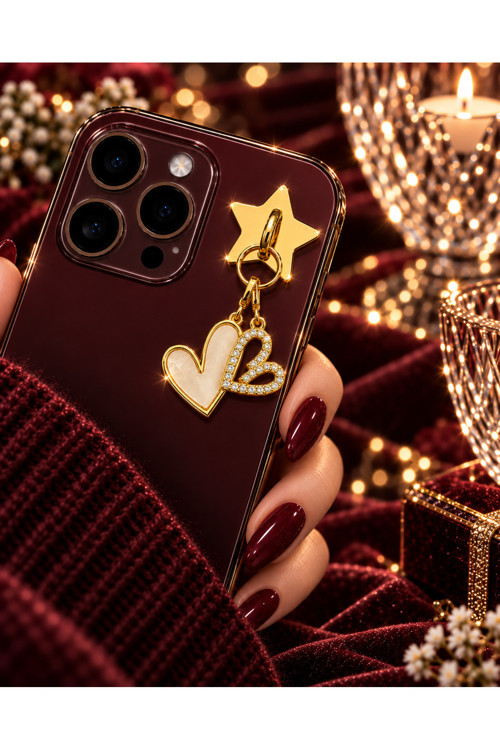 3012 Premium Zirkon Taşlı Sedefli Kalp Figürlü Lüks Telefon Aksesuarı Charm - Altın Renk
