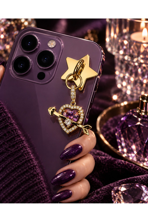 3014 Premium Zirkon Taşlı Pembe Kalp Figürlü Lüks Telefon Aksesuarı Charm- Altın Renk