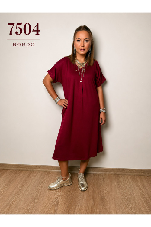 7504 Kadın Bordo V Yaka Cepli Viskon Dökümlü Rahat Elbise