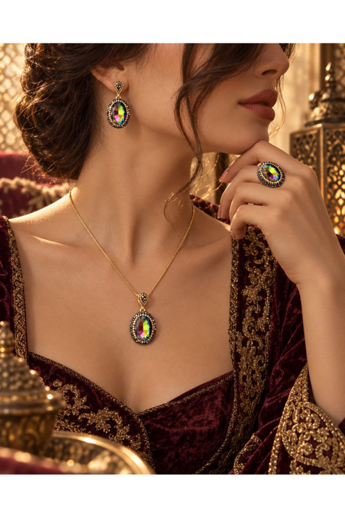 4005 Mistik Topaz Taşlı Premium Kadın Takı Seti (Kolye, Küpe Ve Yüzük)