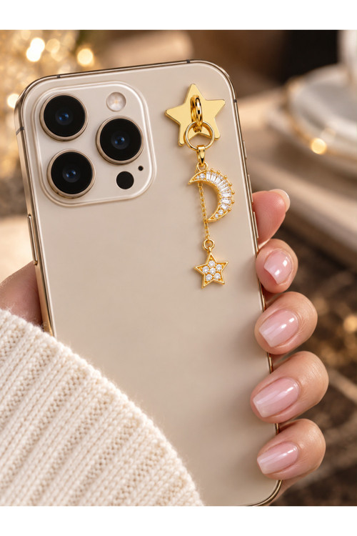3001 Gold Ay Ve Yıldız Zirkon Taşlı Telefon Charmı