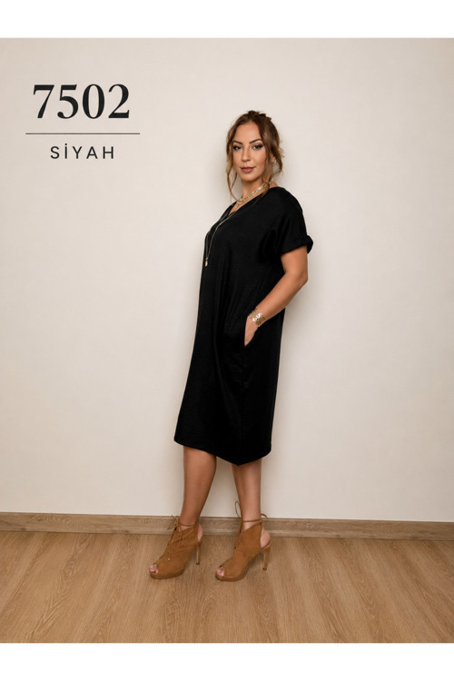 7502-1 Kadın Siyah V Yaka Cepli Keten Elbise