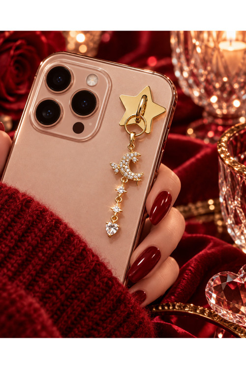 3007 Premium Zirkon Taşlı Ay Figürlü Lüks Telefon Charmi - Altın Renk