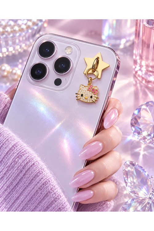 3003 Premium Zirkon Hello Kitty Figürlü Lüks Telefon Aksesuarı Charm - Altın Renk