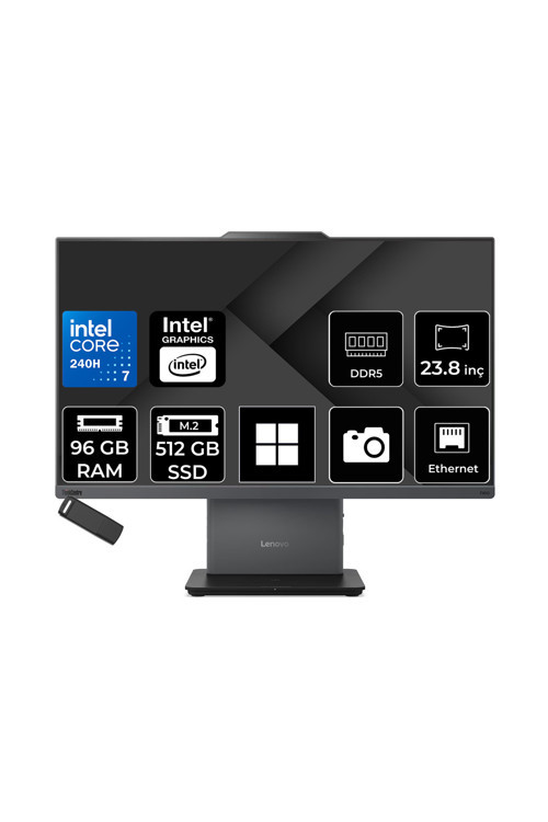 Thinkcentre Neo 50A Gen 5 Intel Core 7 240H 96Gb Ram 512Gb Ssd 23.8" Fhd 99% Srgb Win11 Home 12Sc003Ytrp392 Luna Grey All In One Bilgisayar + Per4 Usb Bellek