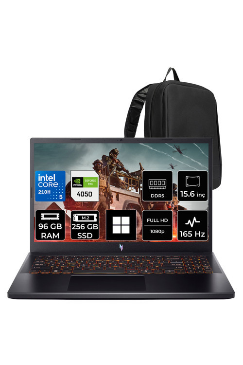 Nitro V 15 Intel Core 5 210H Rtx 4050 6Gb 75W 96Gb Ram 256Gb Ssd 15.6" Full Hd (1920X1080) 165Hz Win11 Home Nh.Qubey.001P349 Gaming Laptop + Per4 Çanta