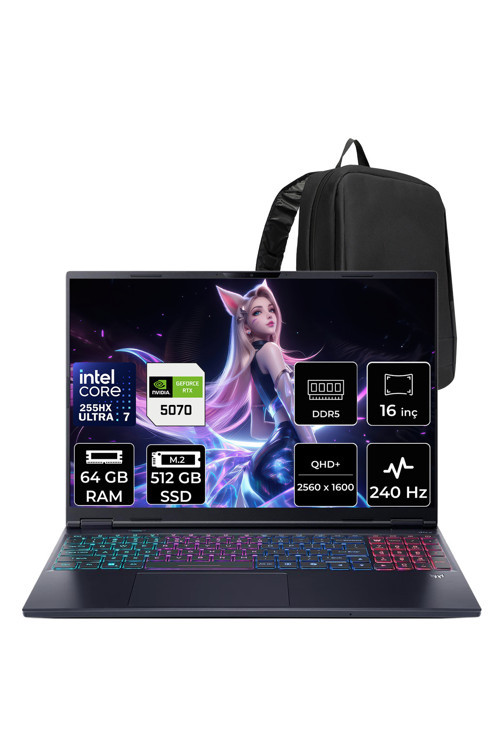 Predator Helios Neo 16S Aı Intel Core Ultra 7 255Hx Rtx 5070 8Gb 115W 64Gb Ram 512Gb Ssd 16" Oled Wqxga (2560X1600) 240Hz Freedos Nh.Qzfey.001P338 Gaming Laptop + Per4 Çanta