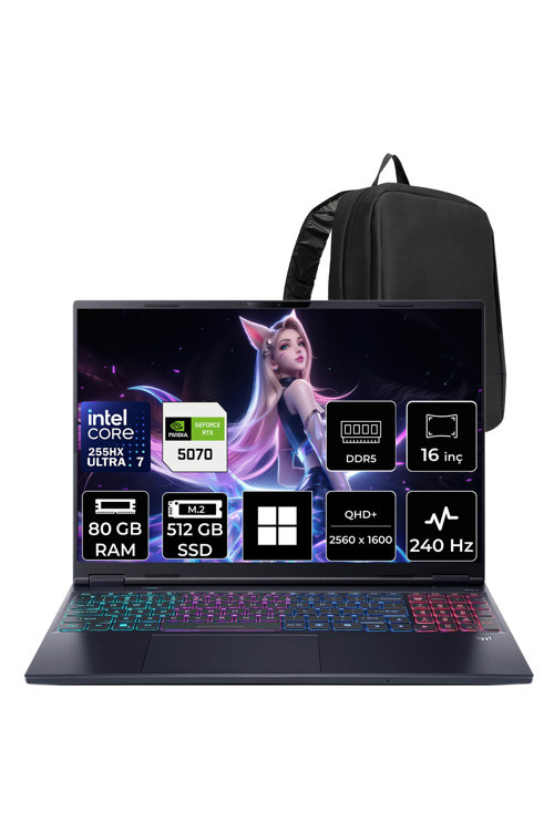 Predator Helios Neo 16S Aı Intel Core Ultra 7 255Hx Rtx 5070 8Gb 115W 80Gb Ram 512Gb Ssd 16" Oled Wqxga (2560X1600) 240Hz Win11 Pro Nh.Qzfey.001P344 Gaming Laptop + Per4 Çanta