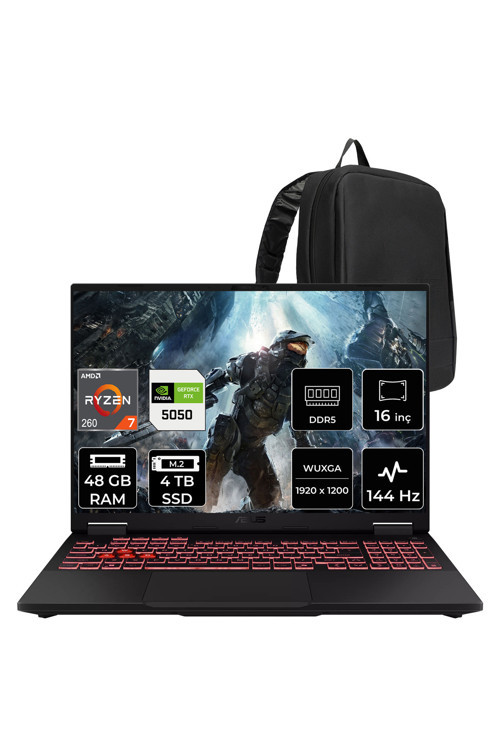 Tuf Gaming A16 Amd Ryzen 7 260 Rtx 5050 8Gb 115W 48Gb Ram 4Tb Ssd 16" Wuxga (1920X1200) 144Hz Freedos Fa608Uhı-Tu126P335 Gaming Laptop + Per4 Çanta