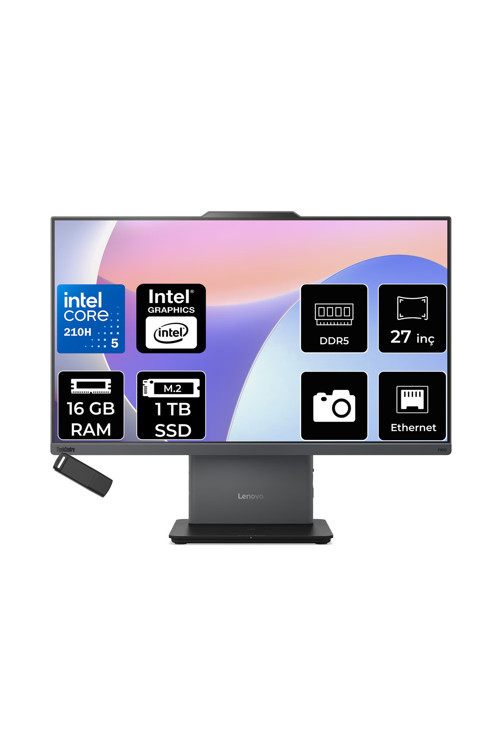 Thinkcentre Neo 50A Gen 5 Intel Core 5 210H 16Gb Ram 1Tb Ssd 27" Fhd 99% Srgb 300Nits Freedos 12Sa0026Trp308 Luna Grey All In One Bilgisayar + Per4 Usb Bellek