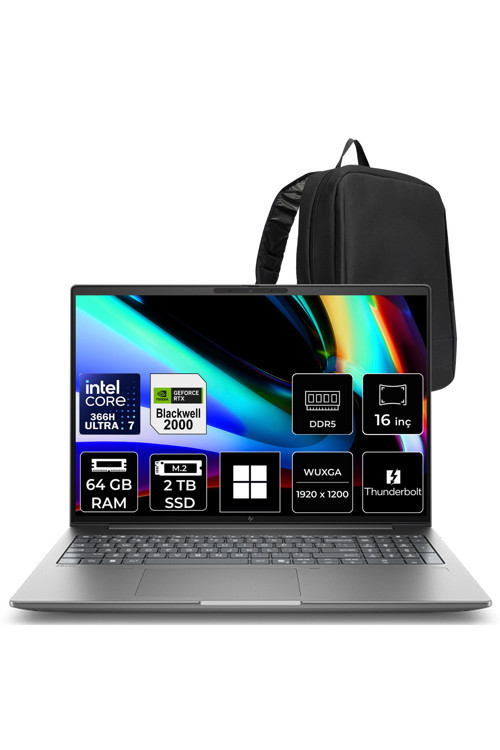 Zbook X G2İ Intel Core Ultra 7 366H Rtx Pro 2000 8Gb Gddr7 64Gb Ram 2Tb Ssd 16" Wuxga (1920 X 1200) Win11 Home Dn9T3Esp440 Mobil İş İstasyonu + Per4 Çanta