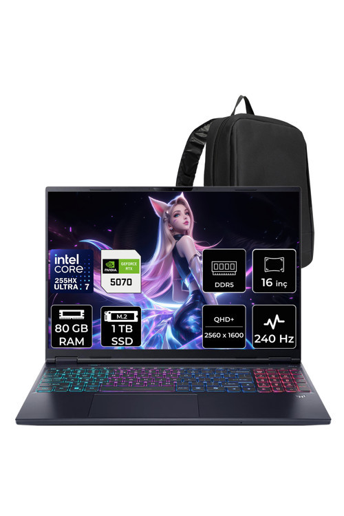 Predator Helios Neo 16S Aı Intel Core Ultra 7 255Hx Rtx 5070 8Gb 115W 80Gb Ram 1Tb Ssd 16" Oled Wqxga (2560X1600) 240Hz Freedos Nh.Qzfey.001P345 Gaming Laptop + Per4 Çanta