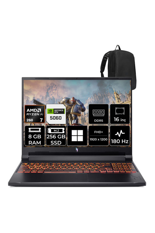 Nitro V 16 Aı Amd Ryzen 7 260 Rtx 5060 8Gb 95W 8Gb Ram 256Gb Ssd 16" Wuxga (1920X1200) 180Hz Win11 Home Nh.U1Gey.003P301 Gaming Laptop + Per4 Çanta