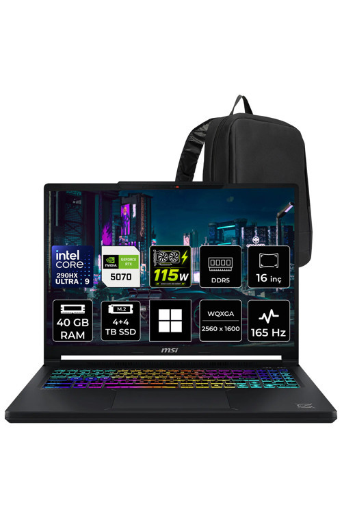 Crosshair 16 Max Hx Intel Core Ultra 9 290Hx Plus Rtx 5070 8Gb 115W 40Gb Ram 4Tb + 4Tb Ssd 16" Wqxga (2560X1600) Oled 165Hz Win11 Home E2Wgk-008Trp390 Gaming Laptop + Per4 Çanta