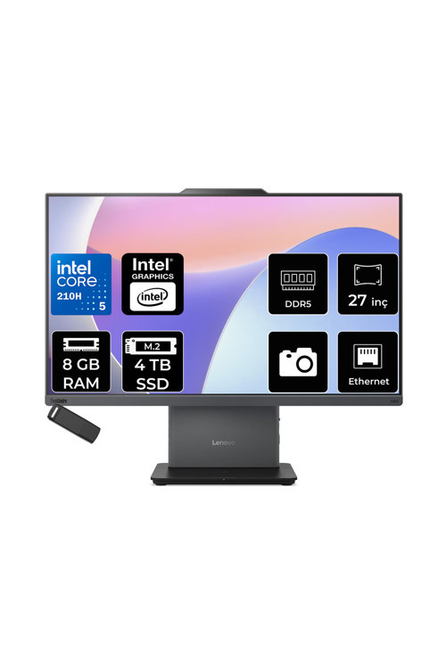 Thinkcentre Neo 50A Gen 5 Intel Core 5 210H 8Gb Ram 4Tb Ssd 27" Fhd 99% Srgb 300Nits Freedos 12Sa0026Trp305 Luna Grey All In One Bilgisayar + Per4 Usb Bellek