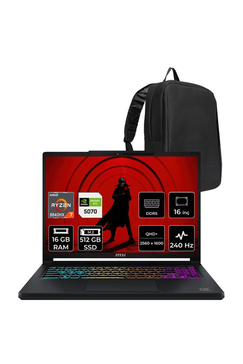 Crosshair A16 Hx Amd Ryzen 7 8840Hx Rtx 5070 12Gb 115W 16Gb Ram 512Gb Ssd 16" Qhd+ (2560X1600) 240Hz Freedos E8Wgxk-058Xtryp308 Gaming Laptop + Per4 Çanta