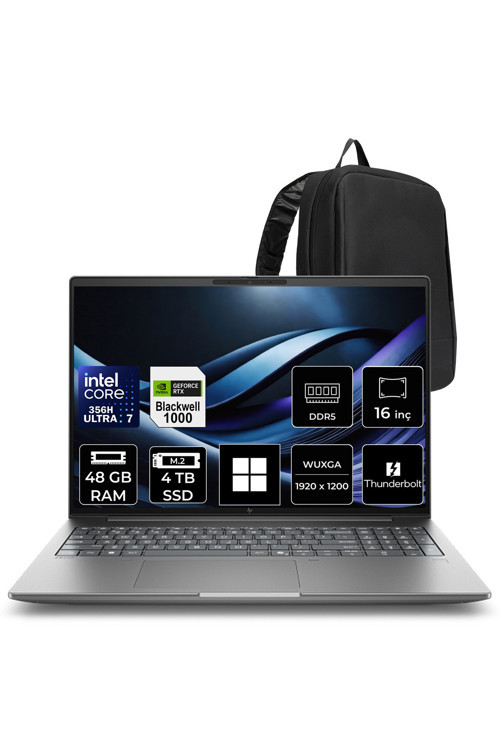 Zbook X G2İ Intel Core Ultra 7 356H Rtx Pro 1000 6Gb Gddr7 48Gb Ram 4Tb Ssd 16" Wuxga (1920 X 1200) Win11 Home Dn9T2Esp435 Mobil İş İstasyonu + Per4 Çanta