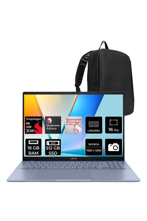 Vivobook S16 (S3607Na) Copilot+ Pc Snapdragon X2 Elite X2E-88-100 16Gb Ram 512Gb Ssd 16" Wuxga (1920X1200) Oled Freedos S3607Na-Sh003Wp308 Taşınabilir Bilgisayar + Per4 Çanta