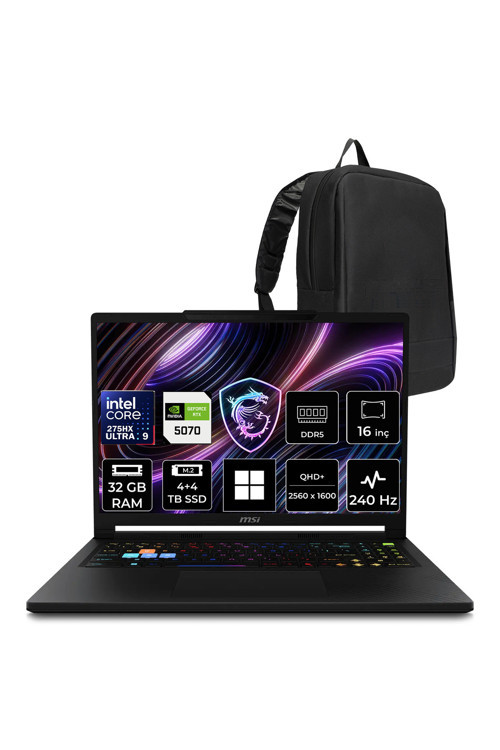 Raider 16 Hx Intel Core Ultra 9 275Hx Rtx 5070 12Gb 32Gb Ram 4Tb + 4Tb Ssd 16" Qhd+ Oled 240Hz Win11 Pro B2Wgx018Trp444 Gaming Laptop + Per4 Çanta