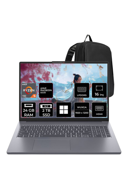 Ideapad Slim 3 Ryzen 5 150 24Gb Ram 2Tb Ssd 16" Fhd+ Win11 Pro 83K80086Trp344 Notebook + Per4 Çanta