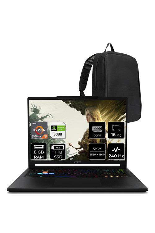 Raıder A16 Hx Amd Ryzen 9 8940Hx Rtx 5080 16Gb 175W 8Gb Ram 1Tb Ssd 16" Wqxga (2560X1600) 240Hz Freedos B8Wı-008Trpn303 Taşınabilir Bilgisayar + Per4 Çanta