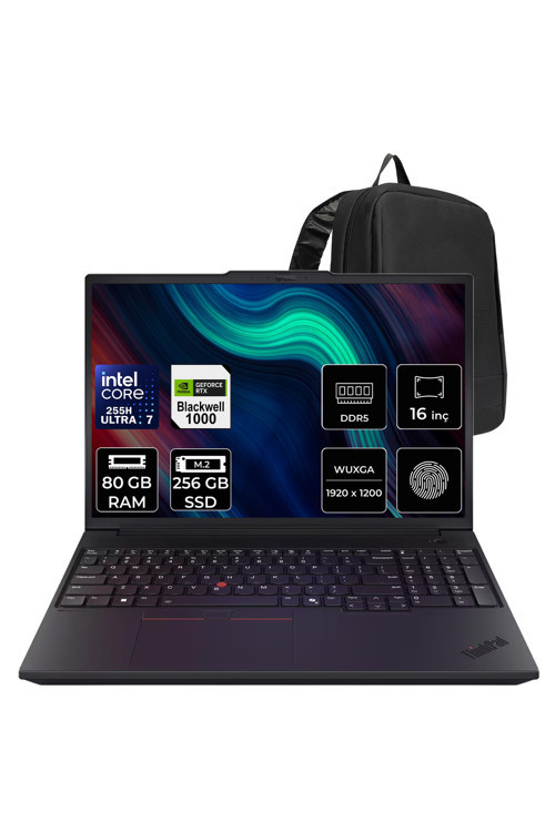Thinkpad P16V Gen 3 Intel Core Ultra 7 255H Rtx Pro 1000 Blackwell 8Gb 80Gb Ram 256Gb Ssd 16" Wuxga (1920X1200) Ips 60Hz Freedos 21Rs0006Txp343 Notebook + Per4 Çanta