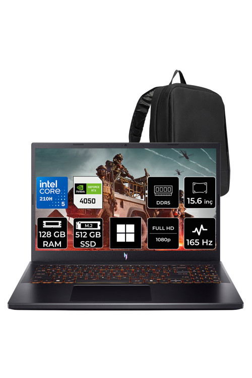 Nitro V 15 Intel Core 5 210H Rtx 4050 6Gb 75W 128Gb Ram 512Gb Ssd 15.6" Full Hd (1920X1080) 165Hz Win11 Home Nh.Qubey.001P356 Gaming Laptop + Per4 Çanta
