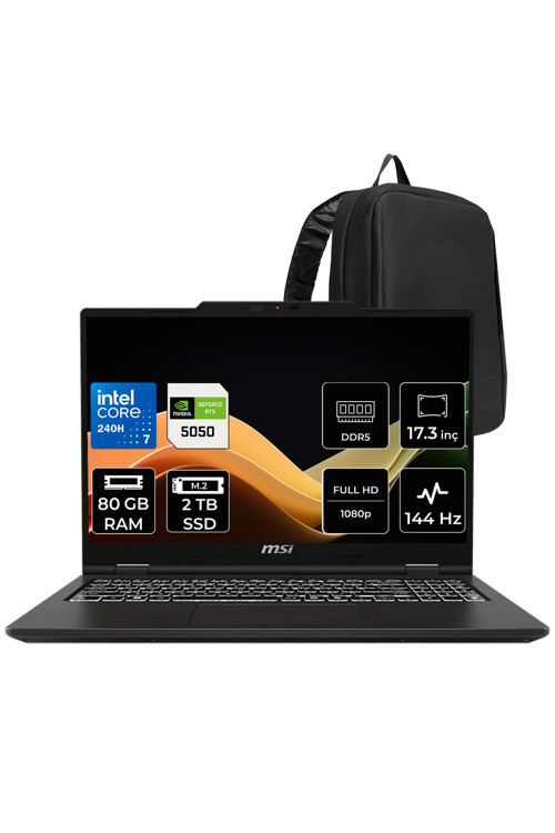 Venturepro 17 Intel Core 7 240H Rtx 5050 8Gb 45W 80Gb Ram 2Tb Ssd 17.3″ Fhd (1920X1080) 144Hz Freedos A2Rweg-027Xtrp346 Gaming Laptop + Per4 Çanta