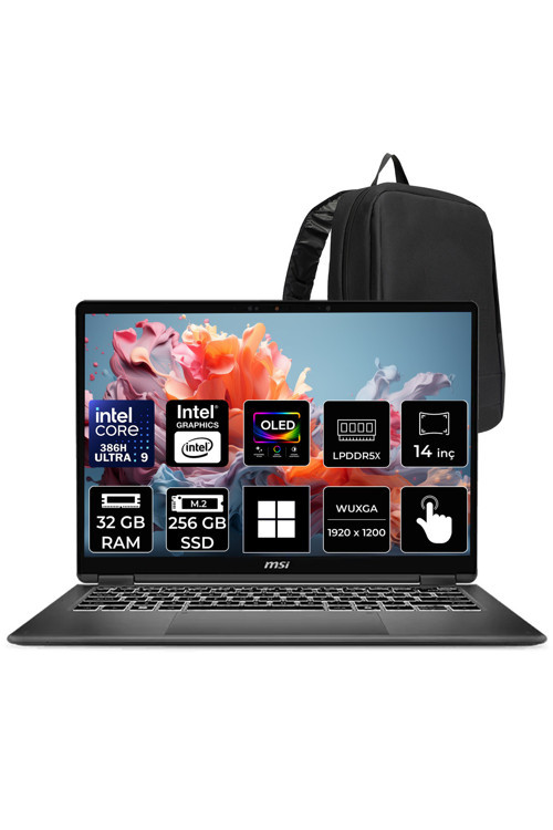 Prestıge 14 Flıp Aı+ Intel Core Ultra 9 386H 32Gb Ram 256Gb Ssd 14" Wuxga (1920X1200) Oled Touch Win11 Home D3Mtg-229Xtrp306 Dokunmatik Notebook + Per4 Çanta