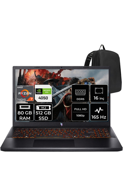 Nitro V 15 Aı Amd Ryzen 7 7445Hs Rtx 4050 6Gb 75W 80Gb Ram 512Gb Ssd 15.6" Full Hd (1920X1080) 165Hz Freedos Nh.U31Ey.001P344 Gaming Laptop + Per4 Çanta