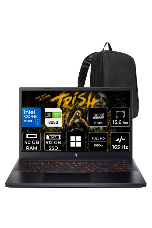 Nitro V 15 Intel Core 5 210H Rtx 3050 6Gb 65W 40Gb Ram 512Gb Ssd 15.6" Full Hd (1920X1080) 165Hz Win11 Home Nh.Qubey.001P326 Gaming Laptop + Per4 Çanta