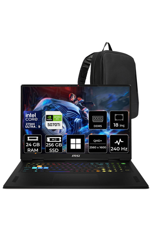 Raider 18 Hx Intel Core Ultra 9 275Hx Rtx 5070 Ti 12Gb 140W 24Gb Ram 256Gb Ssd 18" Wqxga (2560X1600) 240Hz Win11 Home A2Wh-1094Xtrp373 Gaming Laptop + Per4 Çanta