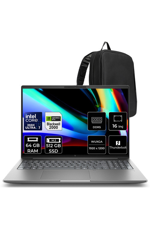 Zbook X G2İ Intel Core Ultra 7 366H Rtx Pro 2000 8Gb Gddr7 64Gb Ram 512Gb Ssd 16" Wuxga (1920 X 1200) Freedos Dn9T3Esp338 Mobil İş İstasyonu + Per4 Çanta