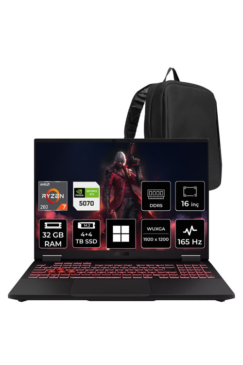 Tuf Gaming A16 Amd Ryzen 7 260 Rtx 5070 8Gb 115W 32Gb Ram 4Tb + 4Tb Ssd 16" Wuxga (1920X1200) 165Hz Win11 Pro Fa608Up-Rv180P444 Gaming Laptop + Per4 Çanta