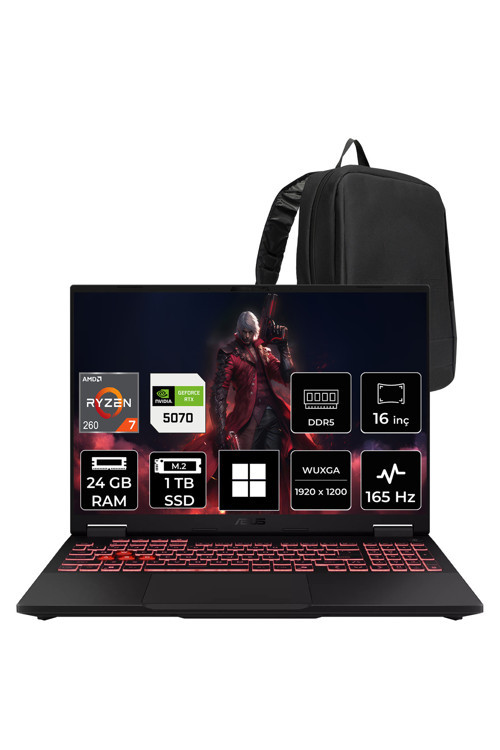 Tuf Gaming A16 Amd Ryzen 7 260 Rtx 5070 8Gb 115W 24Gb Ram 1Tb Ssd 16" Wuxga (1920X1200) 165Hz Win11 Pro Fa608Up-Rv180P435 Gaming Laptop + Per4 Çanta