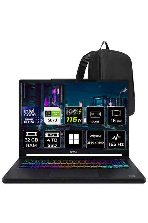 Crosshair 16 Max Hx Intel Core Ultra 9 290Hx Plus Rtx 5070 8Gb 115W 32Gb Ram 4Tb Ssd 16" Wqxga (2560X1600) Oled 165Hz Win11 Pro E2Wgk-008Trp443 Gaming Laptop + Per4 Çanta