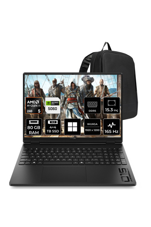Hyperx Omen 15-Gb0003Nt Amd Ryzen 5 240 Rtx 5060 8Gb 80Gb Ram 4Tb + 4Tb Ssd 15.3" Wuxga (1920X1200) 165Hz Win11 Home D2Qv8Eap408 Gaming Laptop + Per4 Çanta
