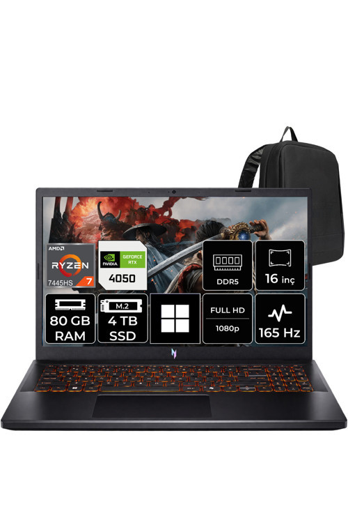 Nitro V 15 Aı Amd Ryzen 7 7445Hs Rtx 4050 6Gb 75W 80Gb Ram 4Tb Ssd 15.6" Full Hd (1920X1080) 165Hz Win11 Home Nh.U31Ey.001P347 Gaming Laptop + Per4 Çanta
