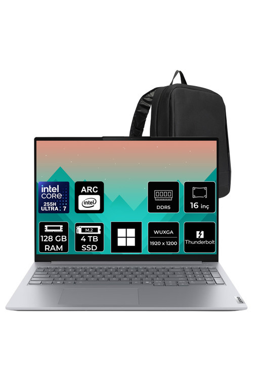 Thinkbook 16 G8 Ial Intel Core Ultra 7 255H 128Gb Ram 4Tb Ssd Arc 140T 16" Wuxga (1920X1200) Win11 Pro 21Sk007Utxpn479 Taşınabilir Bilgisayar + Per4 Çanta