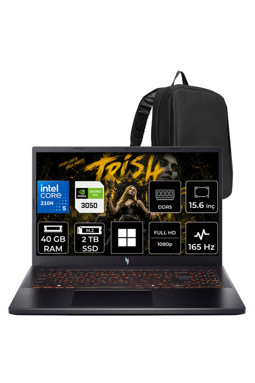 Nitro V 15 Intel Core 5 210H Rtx 3050 6Gb 65W 40Gb Ram 2Tb Ssd 15.6" Full Hd (1920X1080) 165Hz Win11 Pro Nh.Qubey.001P328 Gaming Laptop + Per4 Çanta