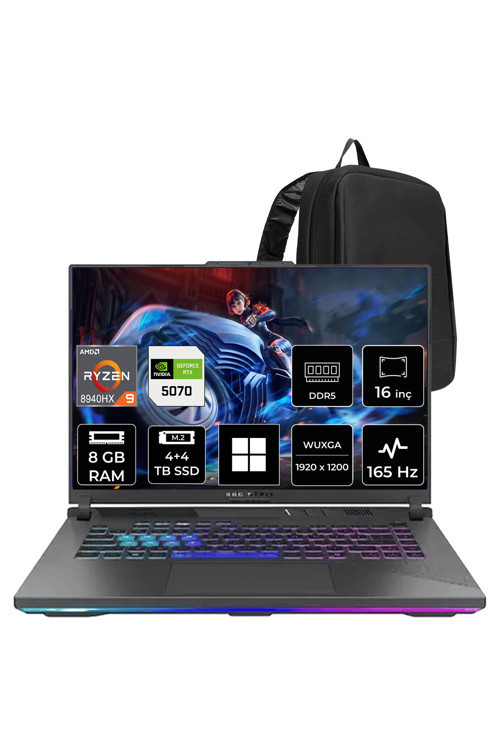 Rog Strix G16 Amd Ryzen 9 8940Hx Rtx 5070 8Gb 8Gb Ram 4Tb + 4Tb Ssd 16" Wuxga 165Hz Win11 Pro G614Pprv218P426 Gaming Laptop + Per4 Çanta
