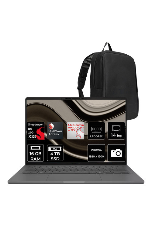 Zenbook A14 (Ux3407Na) Copilot+ Pc Snapdragon X2 Elite X2E-88-100 16Gb Ram 4Tb Ssd Andero 14" Wuxga (1920X1200) Oled Freedos Ux3407Na-Qd217Wp311 Taşınabilir Bilgisayar + Per4 Çanta