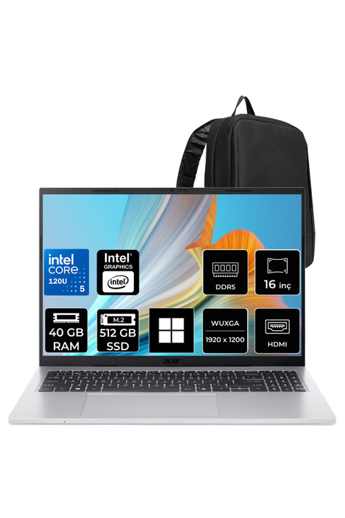 Aspire Go Intel Core 5 120U 40Gb Ram 512Gb Ssd 16" Wuxga (1920X1200) Win11 Pro Nx.Jsaey.002P326 Taşınabilir Bilgisayar + Per4 Çanta