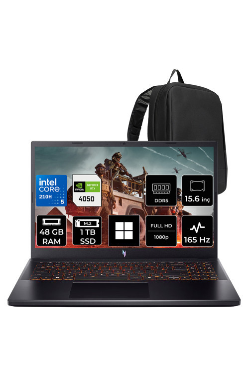 Nitro V 15 Intel Core 5 210H Rtx 4050 6Gb 75W 48Gb Ram 1Tb Ssd 15.6" Full Hd (1920X1080) 165Hz Win11 Pro Nh.Qubey.001P333 Gaming Laptop + Per4 Çanta