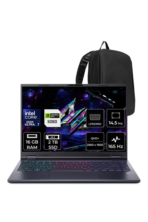 Predator Helios Neo 14 Aı Intel Core Ultra 7 255H Rtx 5060 8Gb 115W 16Gb Ram 2Tb Ssd 14.5" Wqxga (2560X1600) 165Hz Freedos Nh.Qv0Ey.001P310 Gaming Laptop + Per4 Çanta