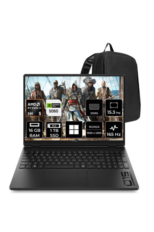 Hyperx Omen 15-Gb0003Nt Amd Ryzen 5 240 Rtx 5060 8Gb 16Gb Ram 1Tb Ssd 15.3" Wuxga (1920X1200) 165Hz Win11 Pro D2Qv8Eap429 Gaming Laptop + Per4 Çanta