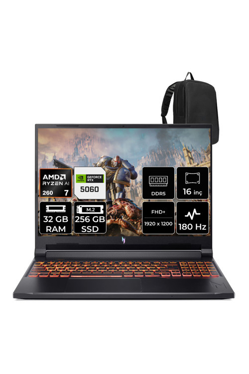 Nitro V 16 Aı Amd Ryzen 7 260 Rtx 5060 8Gb 95W 32Gb Ram 256Gb Ssd 16" Wuxga (1920X1200) 180Hz Freedos Nh.U1Gey.003P319 Gaming Laptop + Per4 Çanta