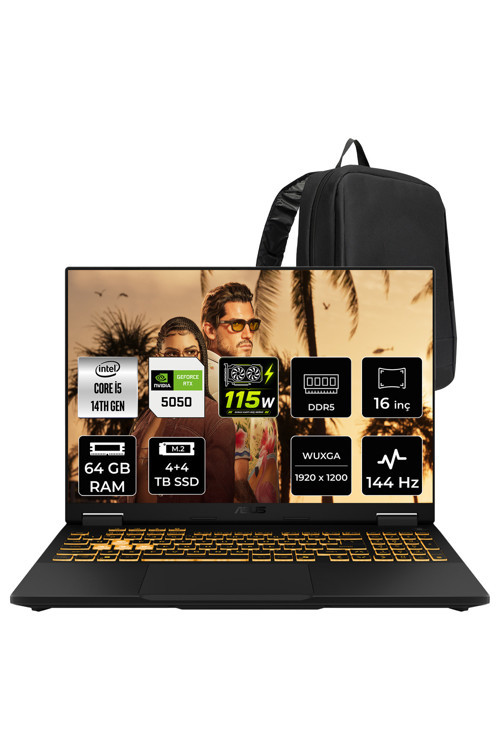 Tuf Gaming F16 Intel Core İ5 14450Hx Rtx 5050 8Gb 115W 64Gb Ram 4Tb + 4Tb Ssd 16" Wuxga (1920X1200) 144Hz Freedos Fx608Jhı-Tu231P342 Gaming Laptop + Per4 Çanta